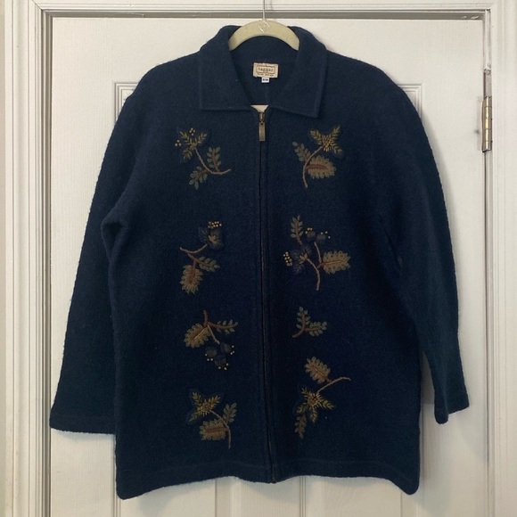 HAGGAR for her vintage 90’s Embroidered Blue Boiled Wool Cardigan - Picture 1 of 8